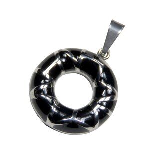 Inox Women's Stainless Steel Circular Pendant w/ Black Enamel & Polished Accents